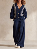 Women's Striped Ribbed Knit Cardigan And Wide-Leg Pants Set ZMZ0776I4XT