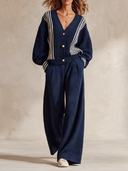 Women's Striped Ribbed Knit Cardigan And Wide-Leg Pants Set ZMZ0776I4XT
