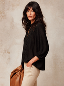 Women's Black Lace-trimmed Long-sleeved Shirt ZMZ0720I4XT