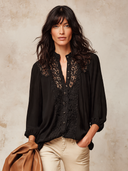 Women's Black Lace-trimmed Long-sleeved Shirt ZMZ0720I4XT
