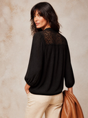 Women's Black Lace-trimmed Long-sleeved Shirt ZMZ0720I4XT