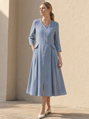 Women's V-Neck Button-Front Linen Midi Dress ZMZ0735I7XT