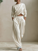 Women's Draped Wrap Crop Top & Wide Leg Palazzo Pants Two-Piece Set ZMZ0762I6YZH