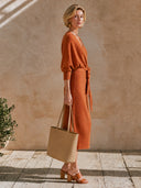 Women's V-Neck Batwing Sleeve Wrap Tie Waist Knit Midi Sweater Dress ZMZ0833I3YZH