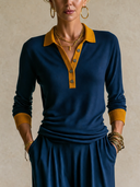 Women's Color Block Polo Knit Top, Long Sleeve Collared Henley Shirt ZMZ0856I0YZH