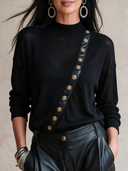 Women's Retro Casual Cotton Yarn Knitted Patchwork PU Crew Neck Pullover Sweater ZMZ0853I2ZJY