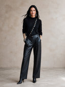 Women's Retro Casual Cotton Yarn Knitted Patchwork PU Crew Neck Pullover Sweater ZMZ0853I2ZJY