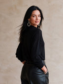 Women's Retro Casual Cotton Yarn Knitted Patchwork PU Crew Neck Pullover Sweater ZMZ0853I2ZJY