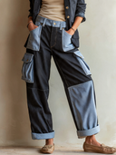 Women's Vintage Navy Tencel-Denim And Light Blue Cotton Twill Paneled Straight-Leg Pants ZMZ0812I6SWL