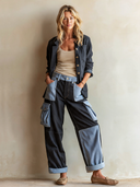 Women's Vintage Navy Tencel-Denim And Light Blue Cotton Twill Paneled Straight-Leg Pants ZMZ0812I6SWL