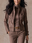 Women Stand Collar Suede Texture Cropped Jacket, Long Sleeve Zip-Up Vintage Outerwear For Fall ZMZ0990I5YZH
