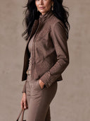 Women Stand Collar Suede Texture Cropped Jacket, Long Sleeve Zip-Up Vintage Outerwear For Fall ZMZ0990I5YZH