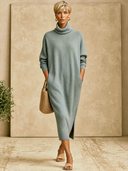 Women's Turtleneck Long Sleeve Ribbed Knit Midi Sweater Dress ZMZ0884I4YZH