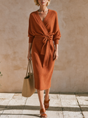 Women's V-Neck Batwing Sleeve Wrap Tie Waist Knit Midi Sweater Dress ZMZ0833I3YZH
