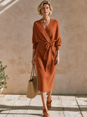 Women's V-Neck Batwing Sleeve Wrap Tie Waist Knit Midi Sweater Dress ZMZ0833I3YZH