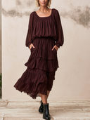 Women's Square Neck Long Sleeve Tiered Ruffle Midi Dress ZMZ0819I7YZH