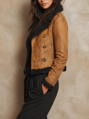 Women's Retro Patchwork Fleece Distressed Faux Leather Motorcycle Jacket ZMZ0847I9XT