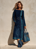 Women's Vintage Navy Faux Suede & Leopard-Trim Belted Long-Sleeve Midi Dress ZMZ0955I7SWL