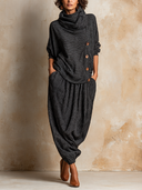 Women's Casual Loose-fitting Turtleneck Ribbed Knit Top And Harem Pants Set ZMZ0868I5XT