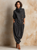 Women's Casual Loose-fitting Turtleneck Ribbed Knit Top And Harem Pants Set ZMZ0868I5XT