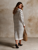 Women's Nautical Style Striped Tie-neck Long-sleeved Knit Midi Dress ZMZ0895I5XT