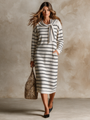Women's Nautical Style Striped Tie-neck Long-sleeved Knit Midi Dress ZMZ0895I5XT