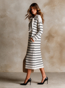 Women's Nautical Style Striped Tie-neck Long-sleeved Knit Midi Dress ZMZ0895I5XT