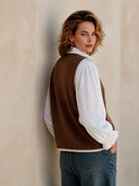 Women's Western-style Brown Lace-up Knit Vest ZMZ0934I1SWL