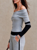 Women's Retro Casual Striped Knit Off-Shoulder Pullover Sweater ZMZ0936I6ZJY