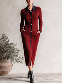 Women's Ribbed Knit Polo Collar Midi Dress With Contrast Trim ZMZ0939I2YZH