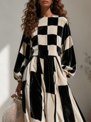 Women's Elegant Premium Velvet Maxi Dress With Lantern Sleeves And Mixed Prints (Plaid & Stripes) ZMZ0810I2ZYY