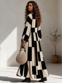 Women's Elegant Premium Velvet Maxi Dress With Lantern Sleeves And Mixed Prints (Plaid & Stripes) ZMZ0810I2ZYY