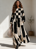Women's Elegant Premium Velvet Maxi Dress With Lantern Sleeves And Mixed Prints (Plaid & Stripes) ZMZ0810I2ZYY