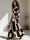 Women's Elegant Premium Velvet Maxi Dress With Lantern Sleeves And Mixed Prints (Plaid & Stripes) ZMZ0810I2ZYY