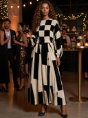 Women's Elegant Premium Velvet Maxi Dress With Lantern Sleeves And Mixed Prints (Plaid & Stripes) ZMZ0810I2ZYY