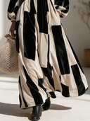 Women's Elegant Premium Velvet Maxi Dress With Lantern Sleeves And Mixed Prints (Plaid & Stripes) ZMZ0810I2ZYY
