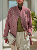 Women's Sophisticated & Elegant Houndstooth Double-Breasted Jacket With Stand Collar ZMZ0836I2ZYY