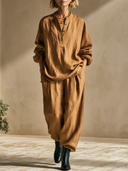 Women's Oversized Linen Blend Shirt & Wide Leg Pants Two-Piece Set ZMZ0805I7YZH
