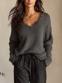 Women's Distressed V-Neck Loose Knit Sweater With Frayed Trim ZMZ0931I7YZH