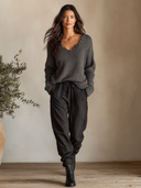 Women's Distressed V-Neck Loose Knit Sweater With Frayed Trim ZMZ0931I7YZH
