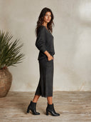 Women's Distressed V-Neck Sweater & Fringe Hem Knit Midi Skirt Set ZMZ0910I0YZH
