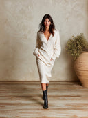 Women's V-Neck Long Sleeve Ribbed Knit Sweater Midi Dress ZMZ0926I6YZH