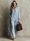 Women's Casual Loose-Fit Top With Asymmetrical Hem And Striped Pants Set ZMZ1081I9XT