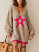 Women's Fashion V-Neck Color-Block Star Long-Sleeve Mini Dress ZMZ1080I8SWL