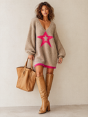 Women's Fashion V-Neck Color-Block Star Long-Sleeve Mini Dress ZMZ1080I8SWL