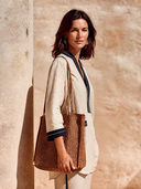 Women's Color-blocked Zip-up Collar Loose Linen Blend Shirt ZMZ0819I3XT