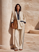 Women's Color-blocked Zip-up Collar Loose Linen Blend Shirt ZMZ0819I3XT