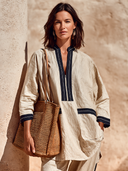 Women's Color-blocked Zip-up Collar Loose Linen Blend Shirt ZMZ0819I3XT