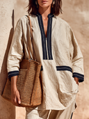 Women's Color-blocked Zip-up Collar Loose Linen Blend Shirt ZMZ0819I3XT