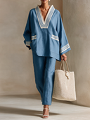 Women's Casual Retro Striped V-Neck Kaftan Top And Wide-Leg Pants Two-Piece Set ZMZ0894I4XT